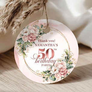 Dusty Pink Floral Greenery 50th Birthday Favor Tag