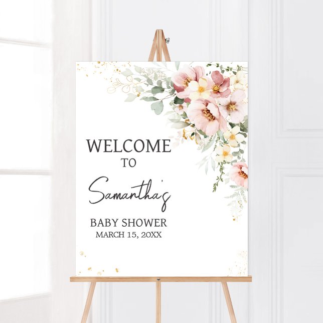 Dusty Pink Floral Greenery Baby Shower Welcome Poster (Dusty Pink Floral Baby Shower Welcome Sign)