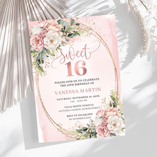 Dusty Pink Floral Greenery Sweet Sixteen Invites (Dusty Pink Floral Greenery Sweet Sixteen Invitation)