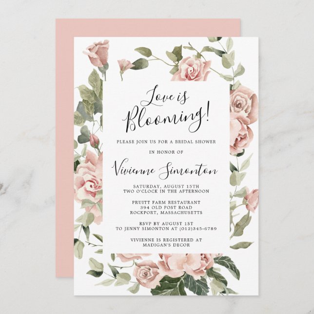 Dusty Pink Floral Love is Blooming Bridal Shower Invitation (Front/Back)