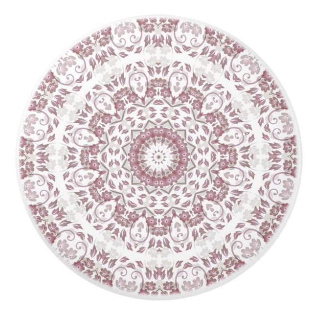  Dusty Pink Floral Mandala Ceramic Knob (Front)