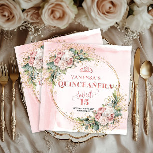 Dusty Pink Floral Napkins for Elegant Quinceañera