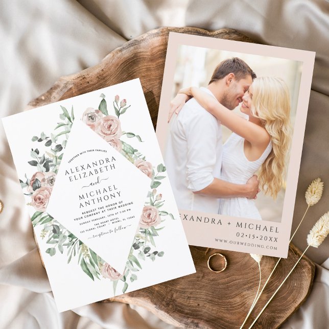 Dusty Pink Floral Photo Eucalyptus Wedding Invitat Invitation (Creator Uploaded)