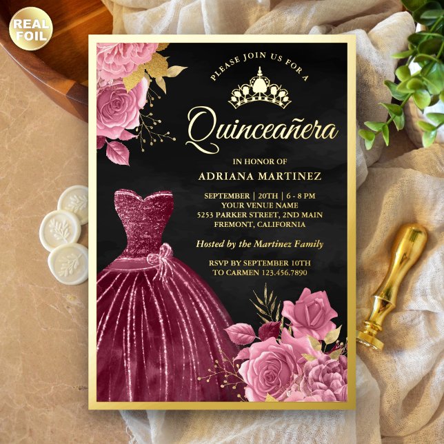 Dusty Pink Floral Plum Gown Black Quinceanera Gold (Creator Uploaded)