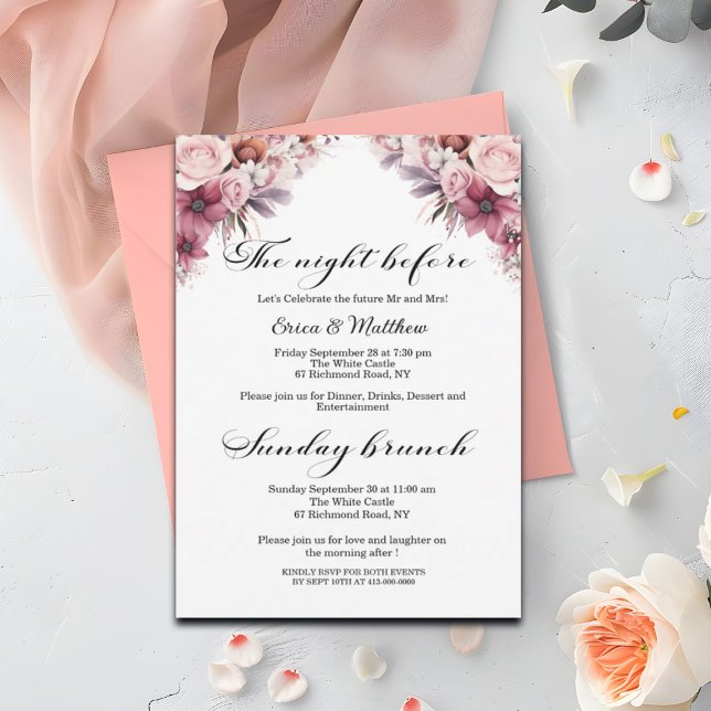 Dusty Pink Floral Rehearsal Dinner & Sunday Brunch Invitation (Creator Uploaded)