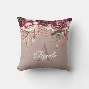 Dusty Pink Floral Rose Gold Glitter Drips Monogram Cushion