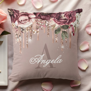 Dusty Pink Floral Rose Gold Glitter Drips Monogram Cushion