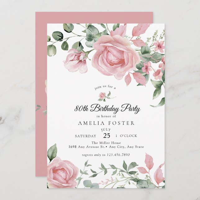 Dusty Pink Floral Roses Birthday Invitation (Front/Back)