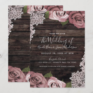 Dusty Pink Floral Roses Rustic Wood & Lace Wedding Invitation