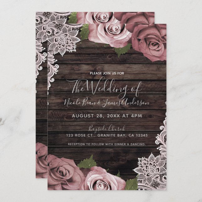 Dusty Pink Floral Roses Rustic Wood & Lace Wedding Invitation (Front/Back)