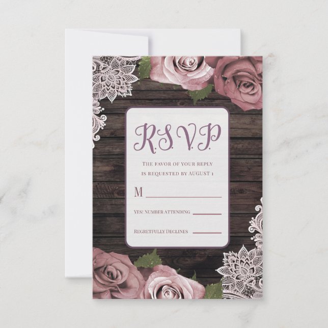 Dusty Pink Floral Roses Rustic Wood & Lace Wedding RSVP Card (Front)