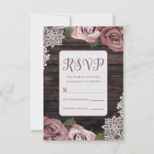 Dusty Pink Floral Roses Rustic Wood & Lace Wedding RSVP Card