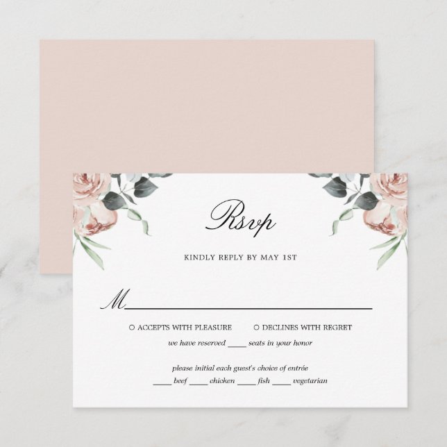 Dusty Pink Floral Roses Wedding RSVP Card (Front/Back)