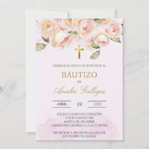 Dusty pink floral Spanish baptism Invitation