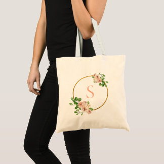 Dusty Pink Floral Spring greenery Name Monogram Tote Bag
