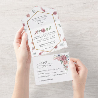 Dusty Pink Floral Wedding All In One Invitation