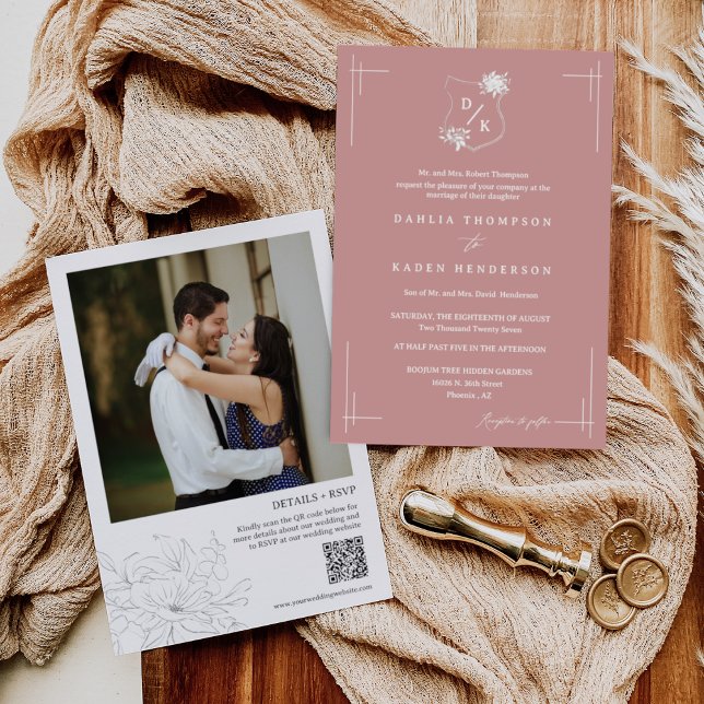 Dusty Pink Floral Wedding Crest Boho QR Code Photo Invitation (Creator Uploaded)