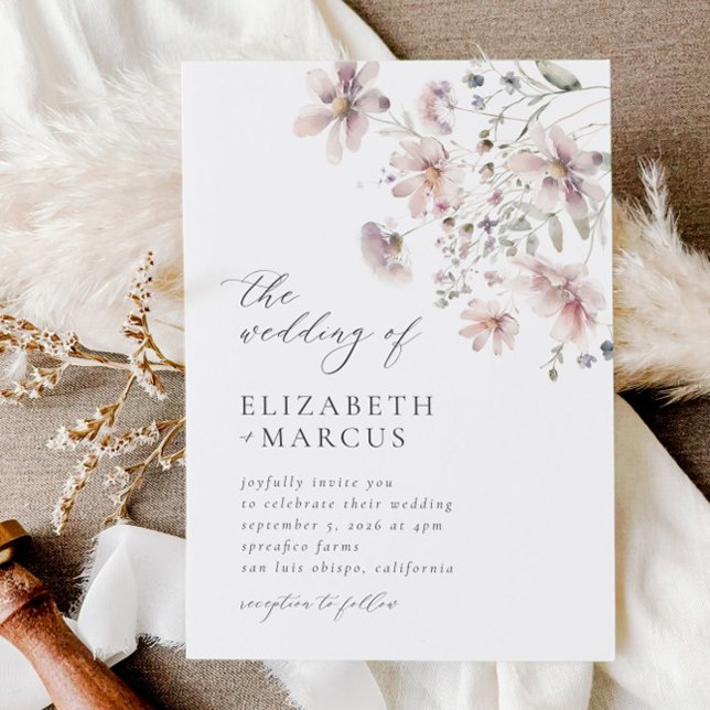 Dusty Pink Floral Wildflower Wedding Invitation (Invitation)