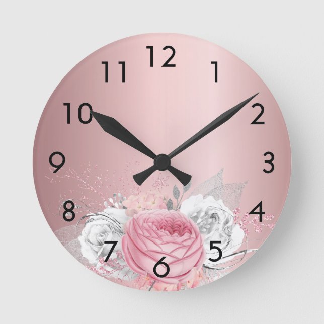 Dusty pink florals roses white elegant round clock (Front)