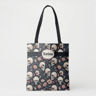 Dusty Pink Flowers and Skulls Tote Bag