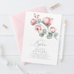 Dusty Pink Flowers Baptism Invitation