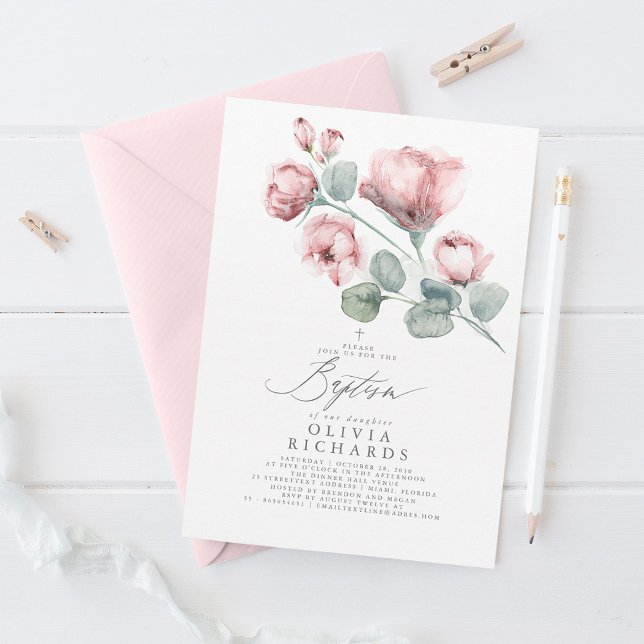 Dusty Pink Flowers Baptism Invitation (Creator Uploaded)