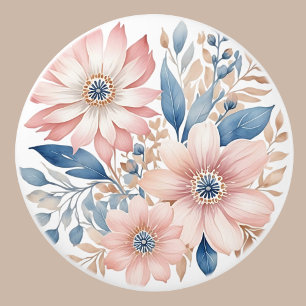 Dusty Pink Flowers Blue Beige Boho Floral Ceramic Knob