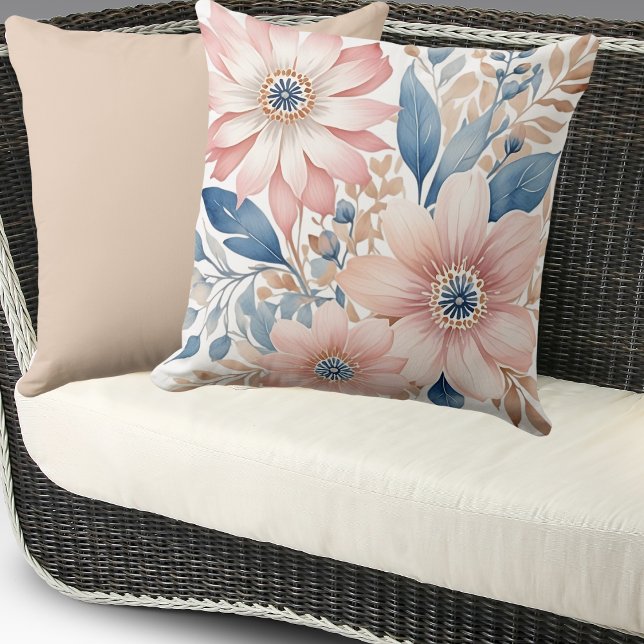 Dusty Pink Flowers Blue Beige Boho Floral Cushion (Creator Uploaded)