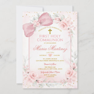 Dusty Pink Flowers Bow Girl First Holy Communion Invitation