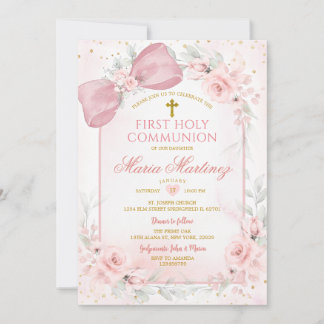 Dusty Pink Flowers Bow Girl First Holy Communion Invitation