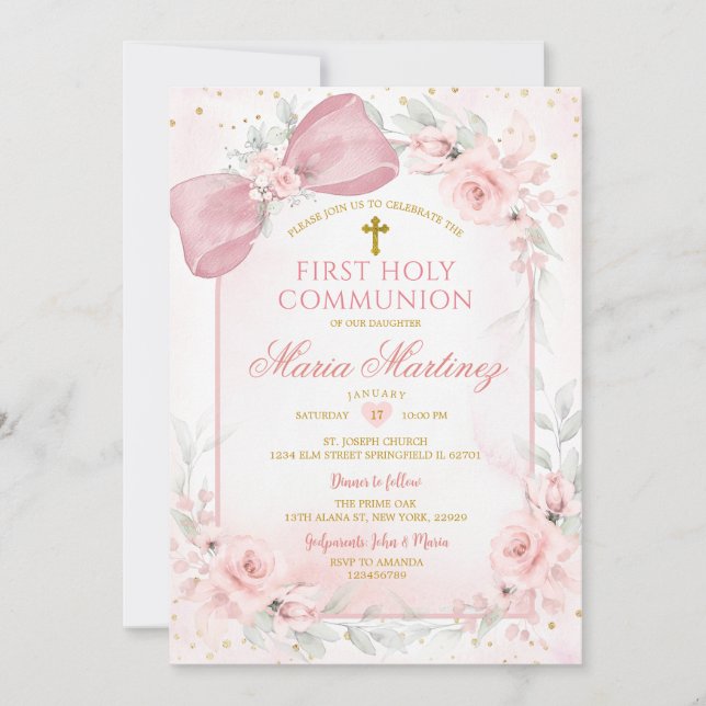 Dusty Pink Flowers Bow Girl First Holy Communion Invitation (Front)