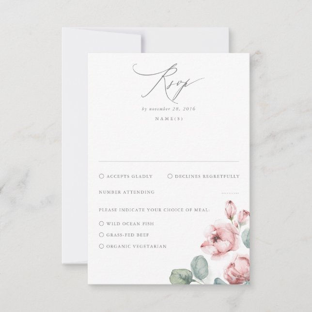 Dusty Pink Flowers Elegant Dreamy Wedding RSVP Card (Front)