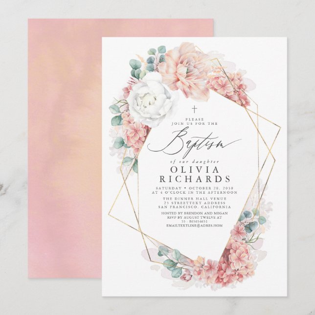 Dusty Pink Flowers Elegant Girls Baptism Invitatio Invitation (Front/Back)