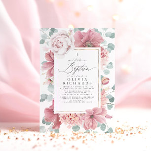 Dusty Pink Flowers Elegant Girls Baptism Invitation