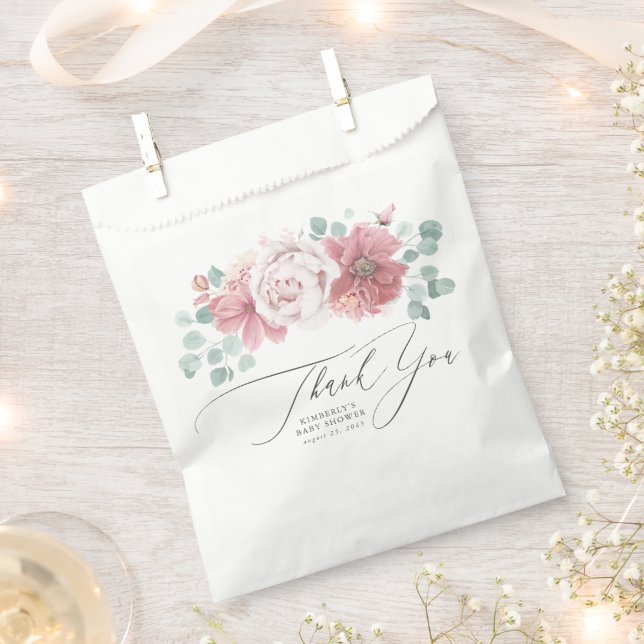 Dusty Pink Flowers Elegant Script Thank You Favour Bag (Clipped)