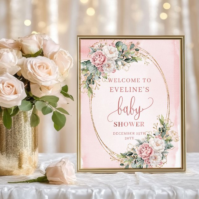 Dusty Pink Flowers Gold Welcome Baby Shower Sign (Dusty Pink Flowers Gold Welcome Baby Shower Sign)
