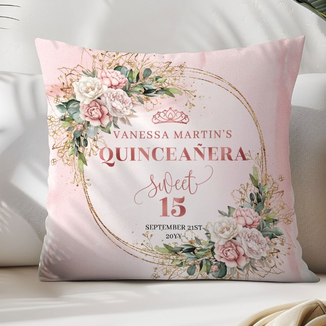 Dusty Pink Flowers Greenery Sweet 15 Decorative  Cushion (Dusty Pink Flowers Greenery Sweet 15 Decorative Pillow)