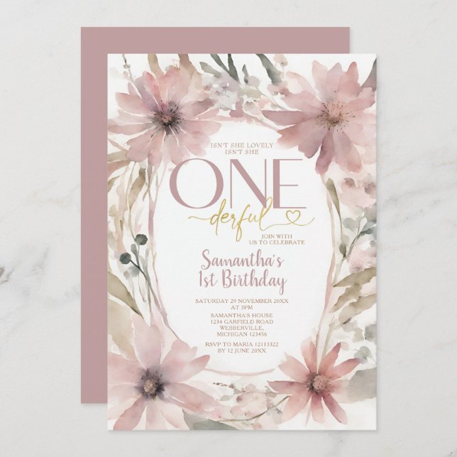 Dusty Pink Flowers Isn't She Onederful Birthday Invitation (Front/Back)