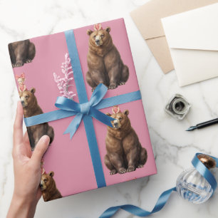 Dusty Pink Folk Art Bear Gift Wrap Roll