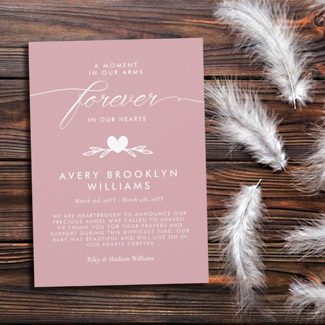 Dusty Pink Forever In Our Hearts Baby Memorial Invitation (Creator Uploaded)
