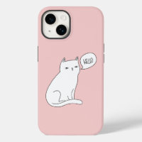 Dusty Pink Funny White Cat Drawing Hello