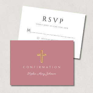 Dusty Pink Girl Religious Cross Confirmation RSVP Card