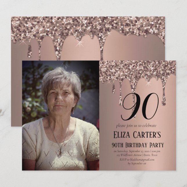 Dusty Pink Gold 90th Ninety Drip Elegant Birthday  Invitation (Front/Back)