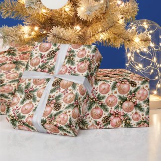 Dusty Pink Gold Christmas Ornament Pine Sprig Wrapping Paper