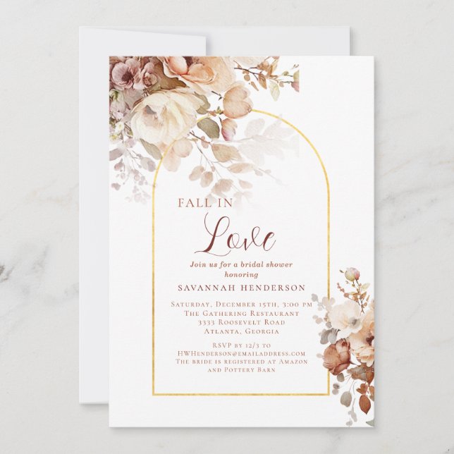 Dusty Pink Gold Fall In Love Floral Bridal Shower Invitation (Front)