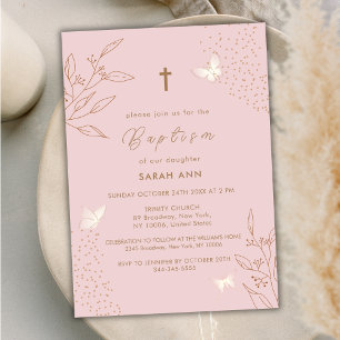 Dusty Pink Gold Leaves Butterfly Cross Baptism Invitation