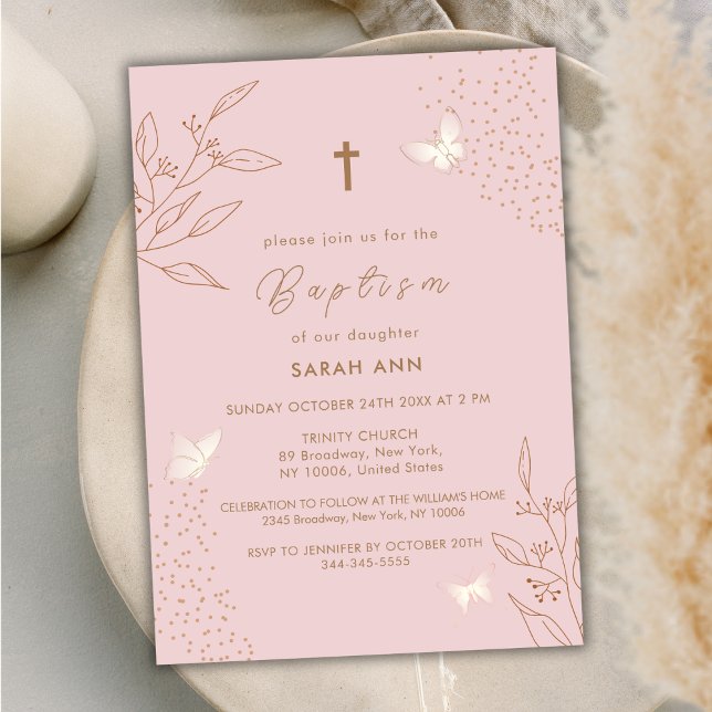 Dusty Pink Gold Leaves Butterfly Cross Baptism Invitation (Dusty Pink Gold Leave Butterfly Cross Baptism Invitation)