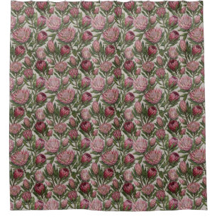 Dusty Pink Green Embroidery Style Protea Floral Shower Curtain