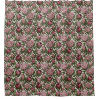 Dusty Pink Green Embroidery Style Protea Floral Shower Curtain
