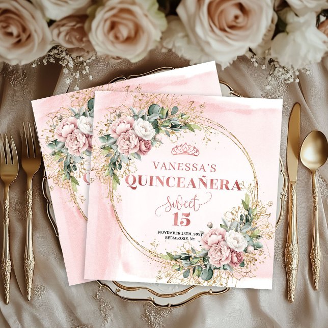Dusty Pink Greenery Floral Sweet 15 Celebration  Napkin (Dusty Pink Greenery Floral Sweet 15 Celebration Napkin)